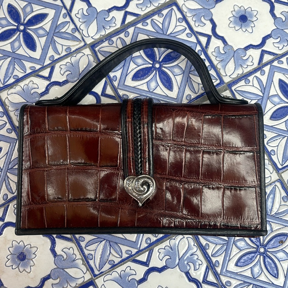 Vintage Brighton Croc Embossed Leather Wallet Top Handle Clutch Brown Black